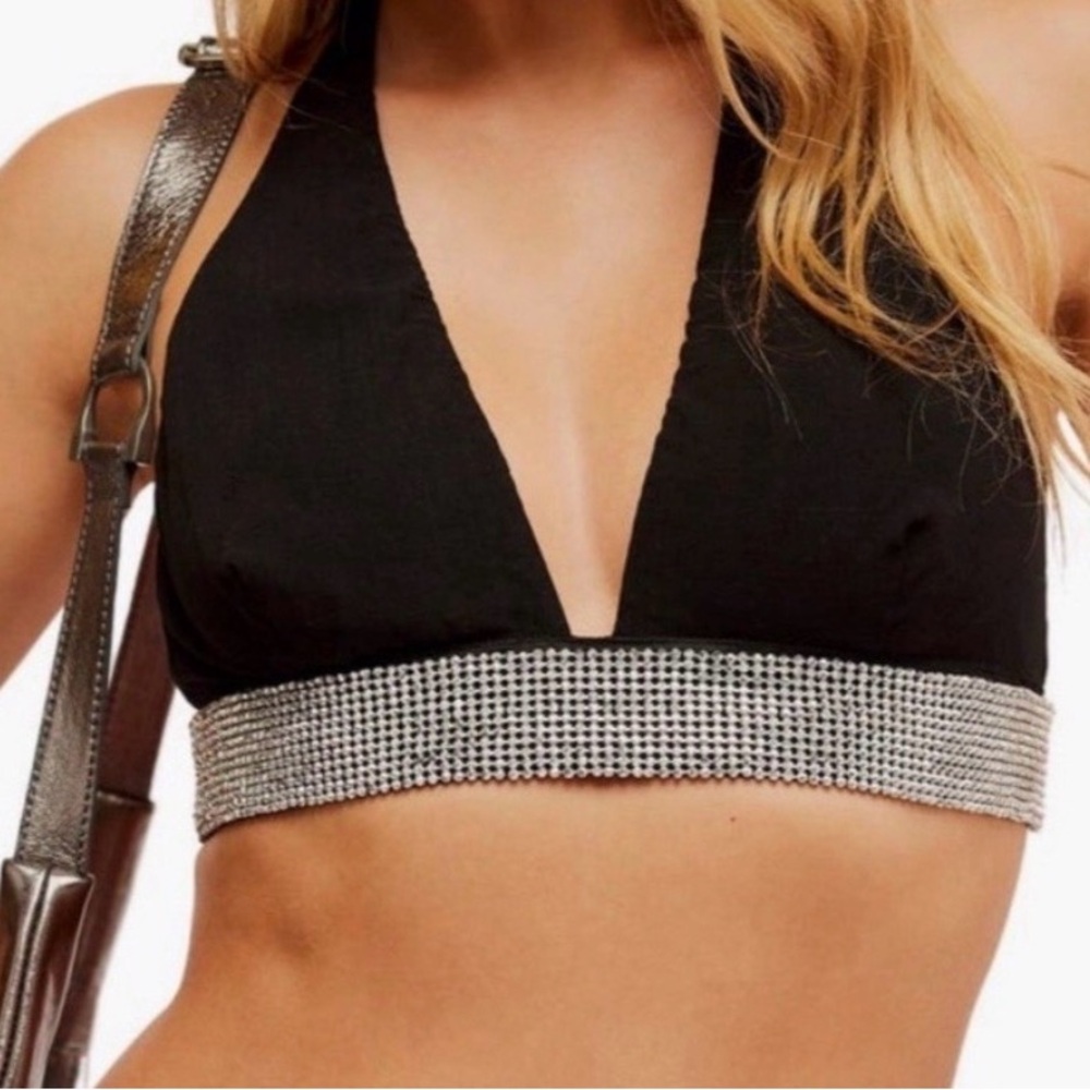 Free People Of The Moment Halter Bra rhinestones Black Small